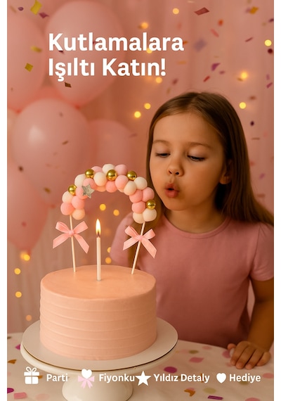 Pembe Ponponlu Pasta Süsü Yumuşak Keçe Fiyonklu 3d Dekor Seti Doğum Günü Süsleri