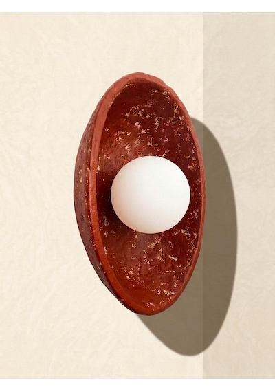 El Yapımı Seramik Kil Aplik Aydınlatma - Wabi Sabi Kırmızı Terakota Duvar Apliği - Led Aydınlatma - 30 X 22 Cm Oval