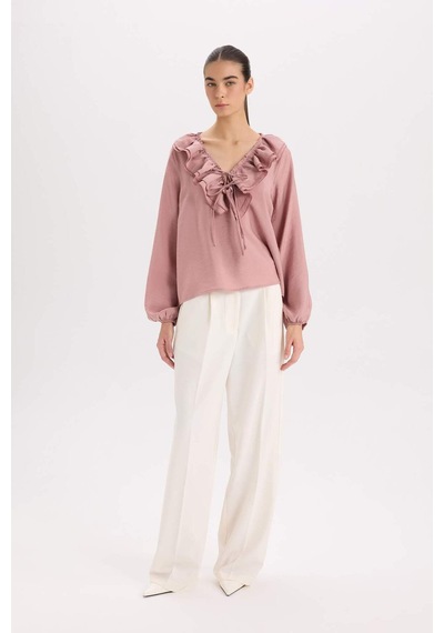 DeFacto Regular Fit Fırfırlı V Yaka Basic Düz Uzun Kollu Bluz E3393AX24WNPN429 Pembe