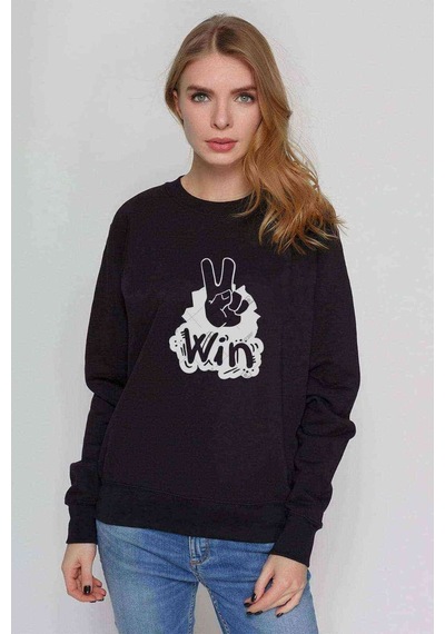 Peace Win Baskılı Siyah Kadın Sweatshirt
