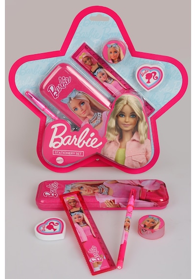 X Dekomus Lisanslı Barbie Yıldız Tasarımlı 5'li Kırtasiye Seti Metal Kalem Kutusu,cetvel,kalem Açık Gri