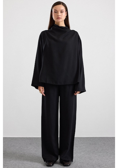 Olcay Degaje Yaka Oversize Pantolon Bluz İkili Takım Siyah 9483-tk