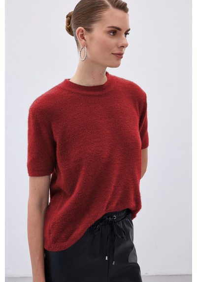 Sateen Sakallı Kısa Kol Triko - Bordo-136537