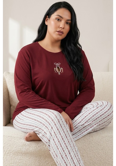 Siyah İnci Pamuklu Likralı Büyük Beden Battal Boy Örme Pijama Takım26240953 Bordo