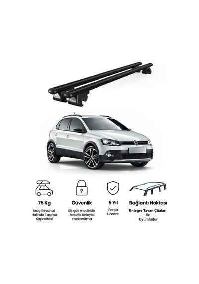 Volkswagen Polo Cross 2010 Ve Sonrası Uyumlu Siyah Ara Atkı Port Bagaj Tavan Barı
