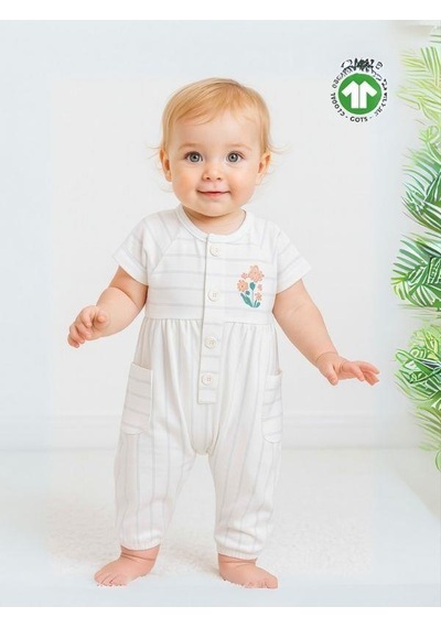 Zekids Kız Bebek Organik Pamuklu Çizgili Kısa Kol Paçası Lastikli Tulum-15917 Beyaz