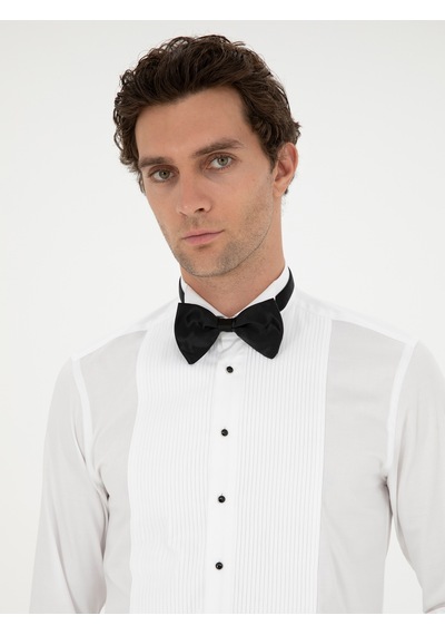 Cacharel Beyaz Slim Fit Manşetli Pamuk Karışımlı Smokin Gömlek