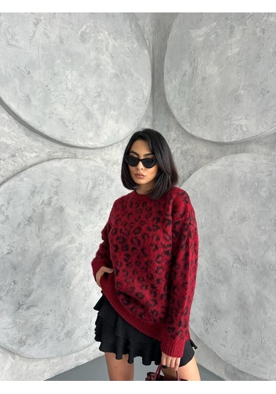 Leopar Desenli Oversize Kazak-477 Bordo