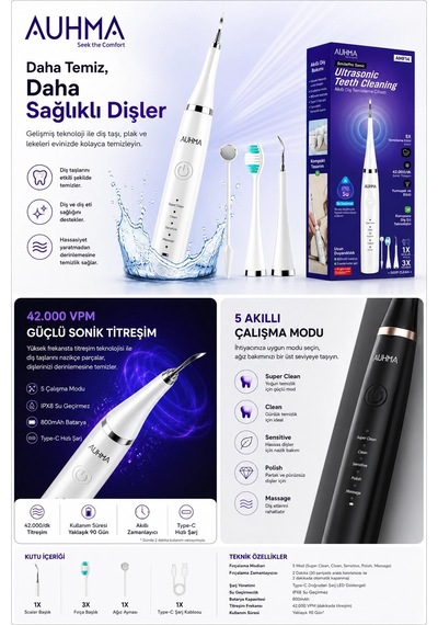 Zenvia Ultrasonic Şarjlı Elektrikli Akıllı Diş Temizleme Cihazı Beyazlatıcı 5 Mod 3+1 Başlık, Ipx8 Su Geçi