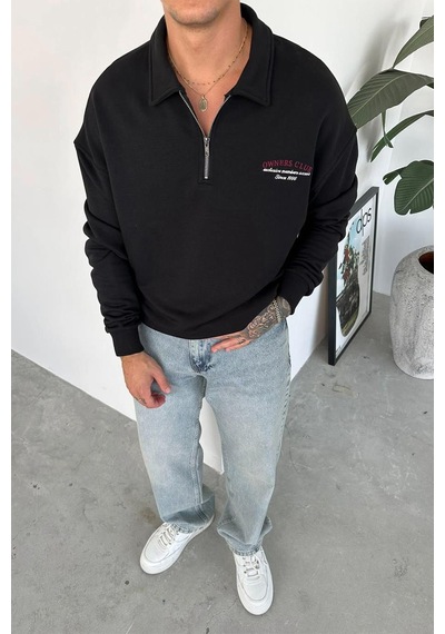 Siyah Ow Nakış Yarım Fermuarlı Sweatshirt Siyah