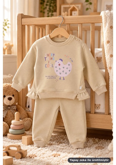 Ferasty İstanbul Unisex Bebek 2'li Takım Tavuk Baskılı Every Thing Is Cool Bej