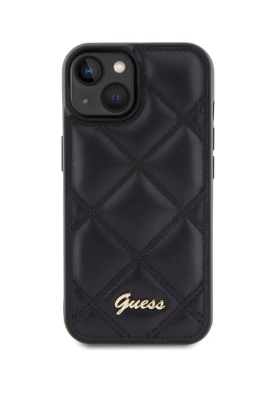 Apple Uyumlu iPhone 15 Kılıf Guess Lisanslı Pu Deri Metal Yazı Logolu Kapitone Kapak Siyah