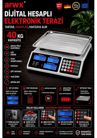 Yeni Nesil 40 Kg Elektronik Terazi 2 Gram Hassasiyetli Şarjlı