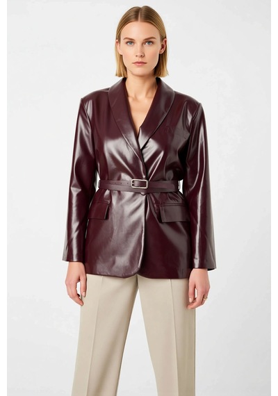 Benerly Kadın Oversize Ceket Yaka Suni Deri Blazer Fonksiyonel Dayanıklı Bordo
