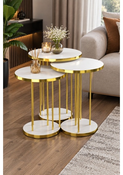 Sulorahome 4'lü Beyaz Ve Gold Metal Ayaklı Sehpa Seti Beyaz - Altın
