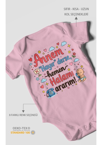 Morivokids Annem Hayır Derse Hemen Halamı Ararım Kısa Kollu Bebek Body %100 Pamuk Koyu Pembe