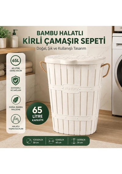 65 L Bambu Halat Kulplu Kirli Çamaşır Sepeti Kapaklı Plastik Gövde 58 X 45 X 35 Cm Havalandırmalı Çamaşır Saklama Sepeti Beyaz Çok Renkli