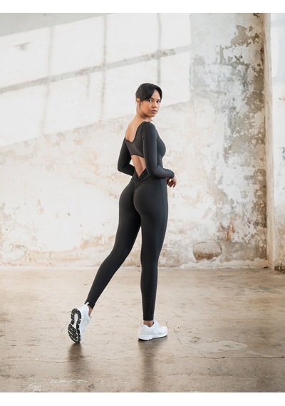 Lismina Siyah Uzun Kollu Arkası Büzgülü Scrunch Butt Spor Tayt Tulum Siyah