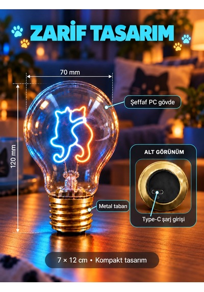 Dost Kediler Neon Dekoratif Masa Lambası Ampul Şeklinde Yeni Nesil Aydınlatma Kedi Arkadaş Çok Renkli