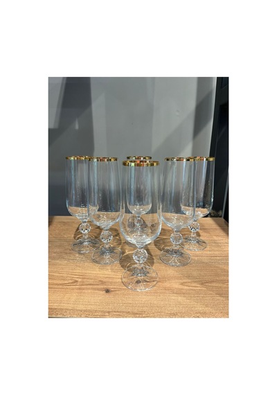 6 Lı 180 Cc Kristal Kahve Yanı Su Bardağı Ağız Altın Seffaf