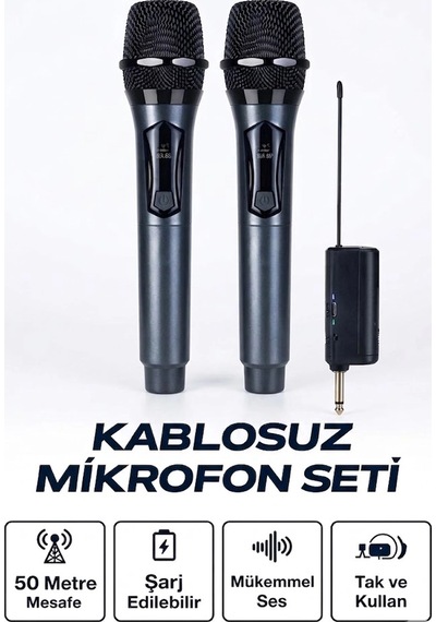 Profesyonel Çiftli Kablosuz Mikrofon Seti Karaoke Şarj Edilebilir 50 Metre Çok Renkli