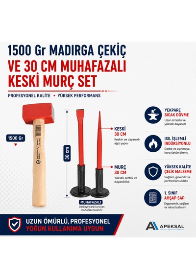 Sait Demirci 1500 Gr Madırga Çekiç 30 Cm Muhafazalı Keski Ve Murç Seti