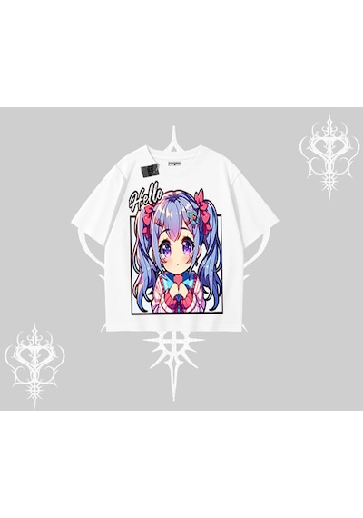Tarzsokak Oversize Tshirt Hello Anime Kız Sevimli Karakter Baskılı Beyaz