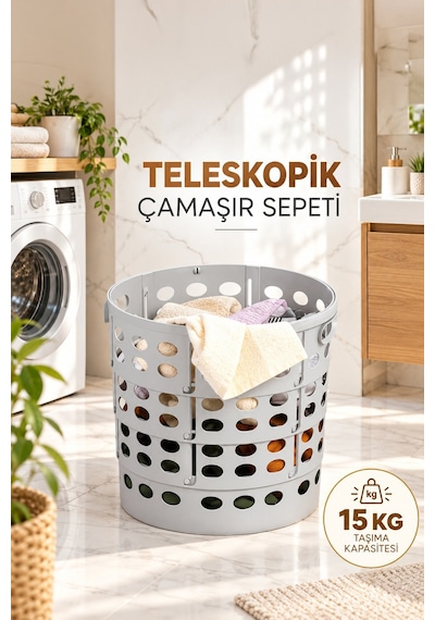 Porsima 25100-1 Teleskopik Katlanır Sepet Katlanabilir Çamaşır Sepeti Orta Boy Katlanır Çamaşır Sepeti Gri 15lt Gri
