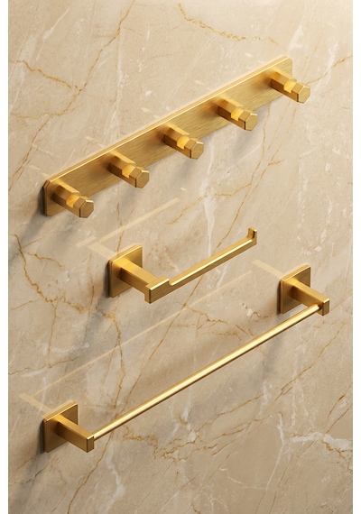 Premium Gold Alüminyum Tuvalet Kağıtlığı+5'li Havlu Bornoz Askısı+büyük Havlu Askısı Yapışkanlı Altın
