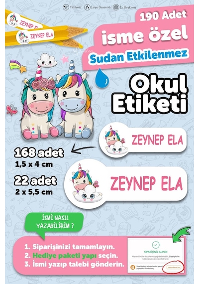 Okul Etiketi Kalem Defter İsimli Etiket Isim Yazılabilen Unicorn Temalı - 190 Adet Özel Yeni Tasarım