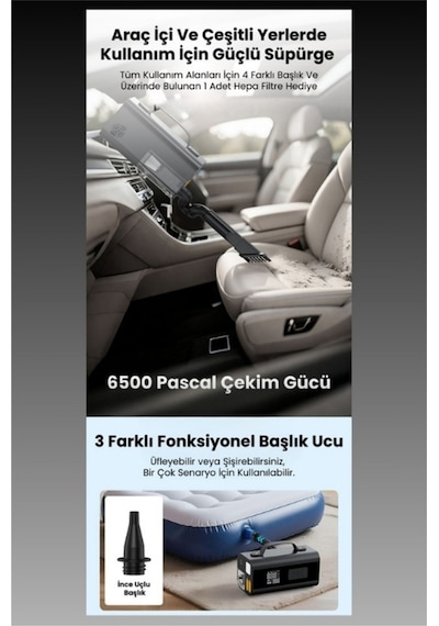 Jump Starter Süpürgeli Akü Takviye Cihazı 18.000mah 10 İn 1 Powerbank, Hava Kompresörü, Lcd Ekran
