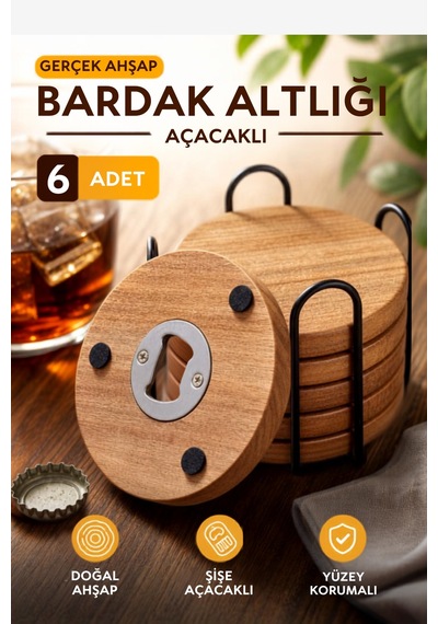 Ahşap Bardak Altlığı 6'lı Set Ahşap Şişe Açacaklı Stantlı Bardak Altlığı Sunum Seti Bardakaltligi, One Size