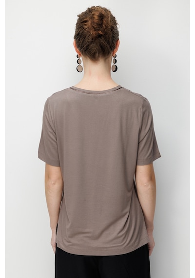 Desen Triko Kadın V Yaka Cebi Saten Şeritli Penye T-shirt 26828 Vizon Vizon