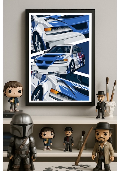 Mitshubishi Lancer Evolution Siyah Ahşap Çerçeveli Poster, Dekoratif Araba Duvar Tablosu
