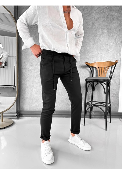 Modefendi İp Ve Düğme Detaylı %100 Gofre Kumaş Jogger Pantolon Siyah