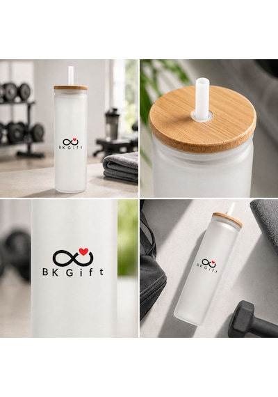 Logonuza Özel 10 Adet Plastik Pipetli Bambu Kapaklı 500 Ml Cam Suluk - Beyaz
