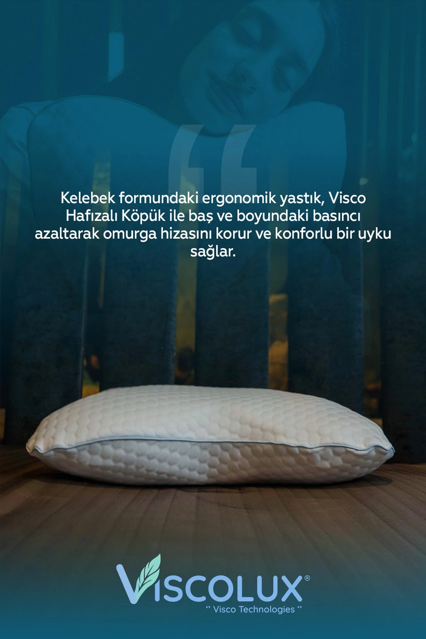 Visco Kelebek Yastık - Özel Ortopedik Boyun Destekli Visco Yastık 57x45x13 Mavi