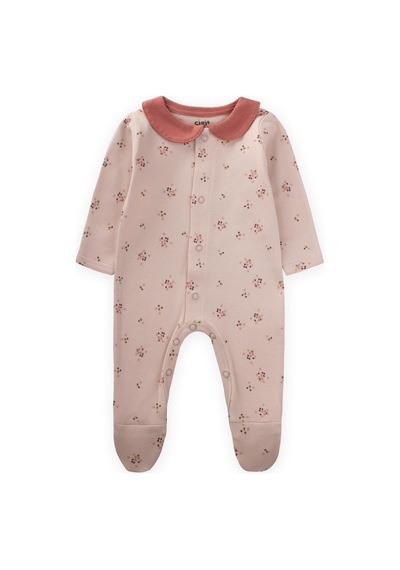 Cigit Çıtır Çiçek Desenli Bebe Yaka Tulum 0-9 Ay Pudra Pembe Pudra