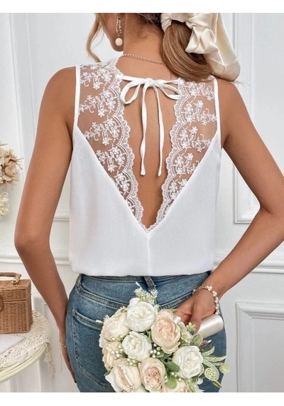Defymoda Kadı Askılı V Dantel Yakalı Sırttan Bağcıklı Sandy Bluz Beyaz