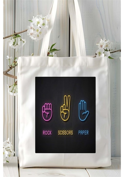 Art Hediye Taş Kağıt Makas Baskılı Bez Çanta Omuz Çantası Kişiye Özel Desen 3 Çok Renkli