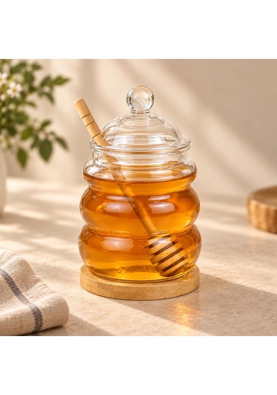 Kaşıklı Cam Bal Kavanozu 480 Ml, Cam Kapaklı, Bambu Bal Kaşığı Ve Bambu Altlık Dahil, Şeffaf Kahvaltılık Ballık Çok Renkli