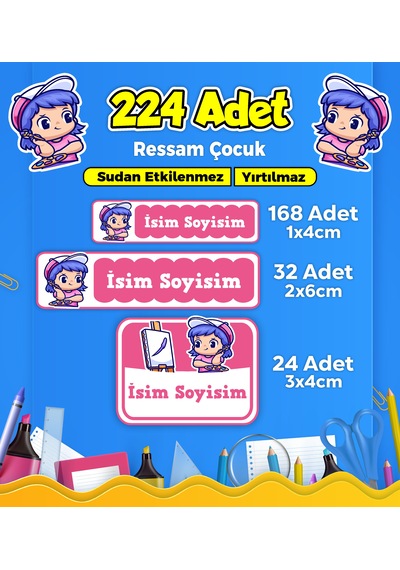 Ressam Çocuk Temalı Okul Kreş Kişiye Özel İsim Etiket Seti - Model 214 Çok Renkli
