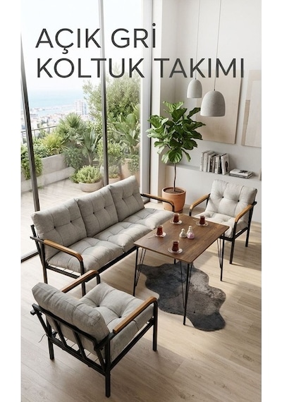 Açıkgri Metal Bahçe Balkon Oturma Grubu - Loft Tarzı Koltuk Ve Masa Seti 3-1-1 Bordo