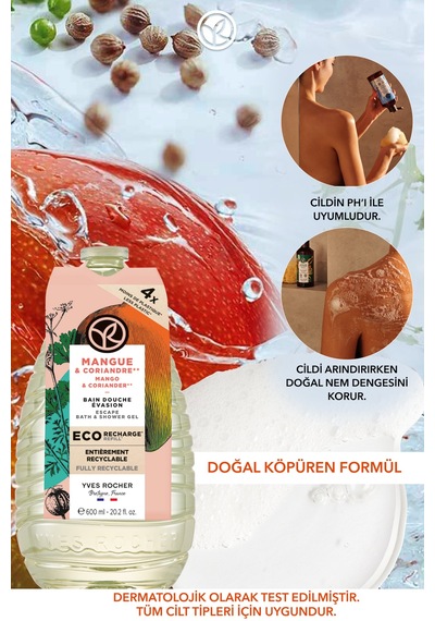 Yves Rocher Eko Refill Yedek Duş Jeli-nemlendirici Canlandırıcı Mango Kişniş-sls,sles İçermez,vegan-600ml Diğer