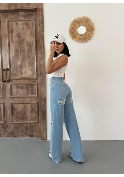 Kadın Wide-leg Fit Ön Ve Arka Lazerli Pençli Yüksek Bel Geniş Paça Kot Pantolon Açık Mavi Mavi