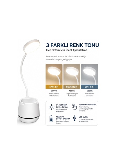Masa Lambası Şarjlı Dokunmatik 24 Led Li, 3 Renk Modlu Ayarlanabilir Işık, Usb Şarjlı, Esnek Gö Beyaz