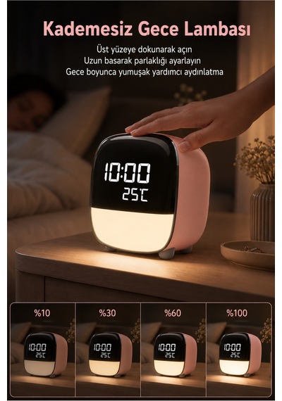 Çok Fonksiyonlu Led Masa Saati 1200 Mah Şarjlı, 3 Alarmlı,dokunmatik Gece Lambalı Ve Sıcaklık Göstergeli Pembe Pembe