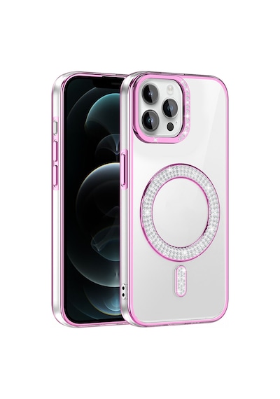 Apple Uyumlu iPhone 12 Pro Kılıf Pırlanta Taş Tasarımlı M-safe Şarj Özellikli Karetta Silikon Kapak Rose Gold