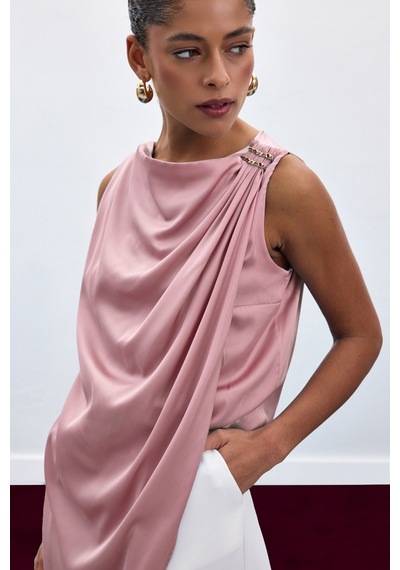 Sateen Aksesuar Detaylı Kolsuz Bluz - Pembe-136921 Pembe