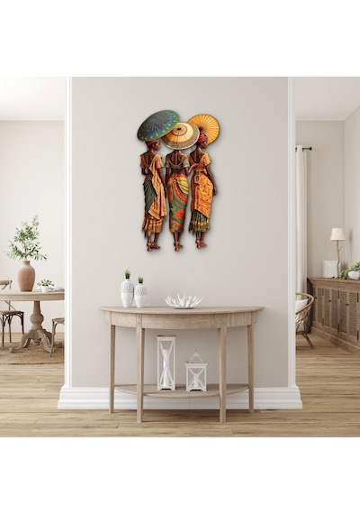 Renkli Şemsiyeli Üç Kadın - Metal Tablo - Dec0283 56 X 95 Cm Çok Renkli